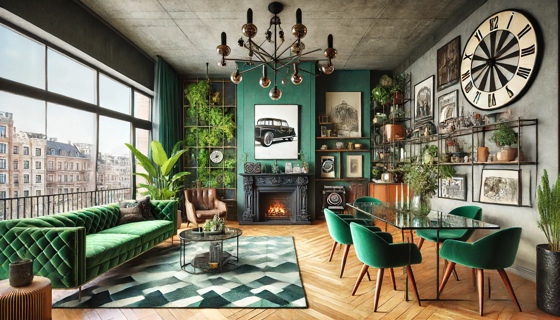 A modern living room with a large window, green velvet sofa, and matching chairs around a glass dining table. A fireplace below a vintage car print, surrounded by plants and framed art, adds charm. A big clock hangs on a brick wall. A cityscape is visible.