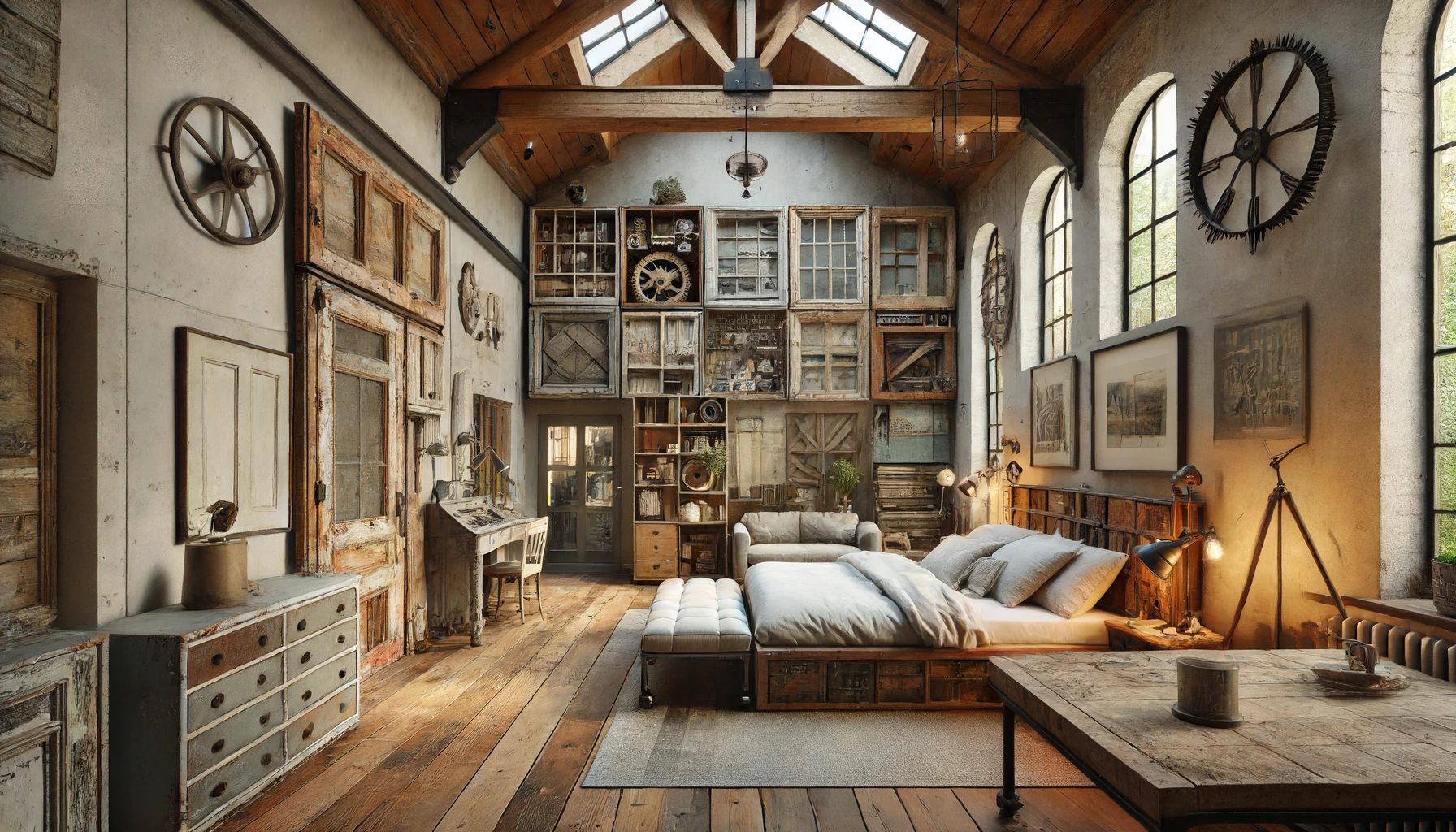 A cozy bedroom with rustic decor features a high wooden ceiling, vintage wooden doors as wall art, large windows, a wooden bed, and a desk. Industrial elements like gears and large wall clocks enhance the eclectic style.